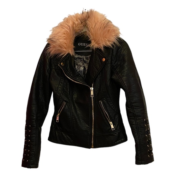 Guess Leather Jacket with Pink Fur Collar - Picture 2 of 10